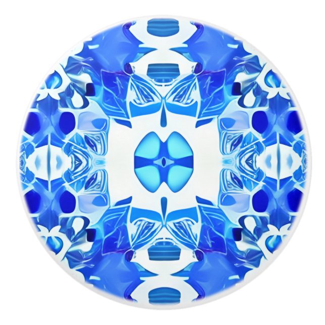 Cobalt Blue and White Batik Tile Pattern Ceramic Knob (Front)