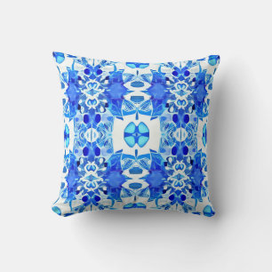Cobalt Blue and White Batik Tile Pattern  Cushion