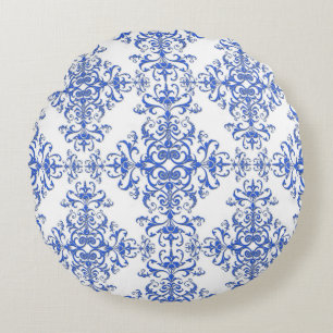 Cobalt Blue and White Floral Damask Style Pattern Round Cushion