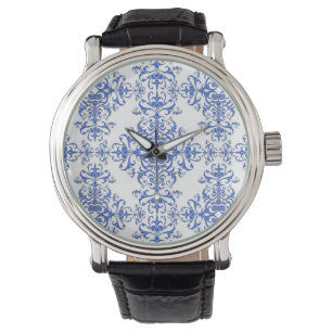Cobalt Blue and White Floral Damask Style Pattern Watch
