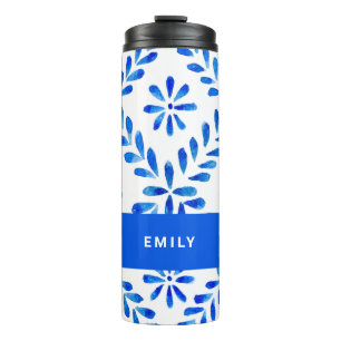 Cobalt Blue and White Mediterranean Custom Name Thermal Tumbler