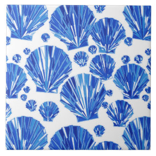 Cobalt Blue and White Sea Shells Ceramic Tile