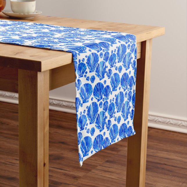 Cobalt Blue and White Sea Shells Short Table Runner (In Situ)