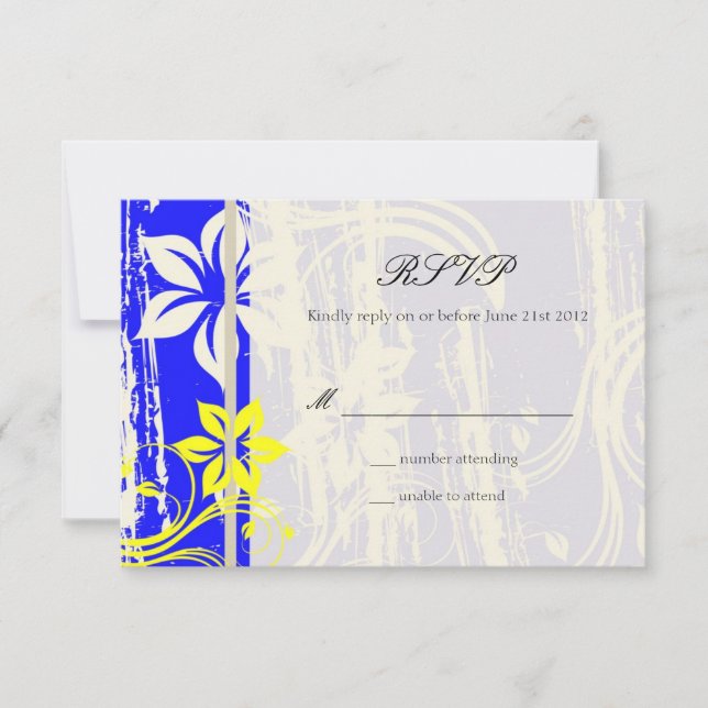 Cobalt Blue and Yellow Swirl Wedding RSVP (Front)