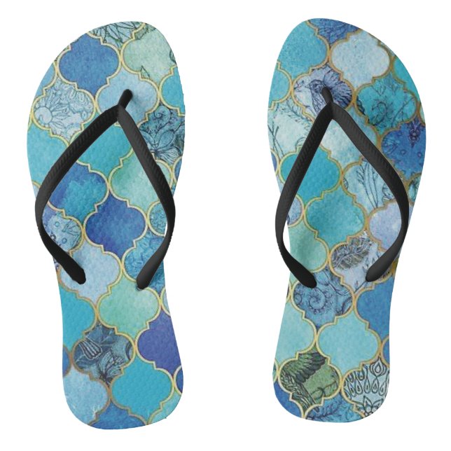 Cobalt Blue, Aqua & Gold Moroccan Thongs (Footbed)