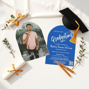Cobalt Blue Arch Photo Graduation Party QR Code Invitation