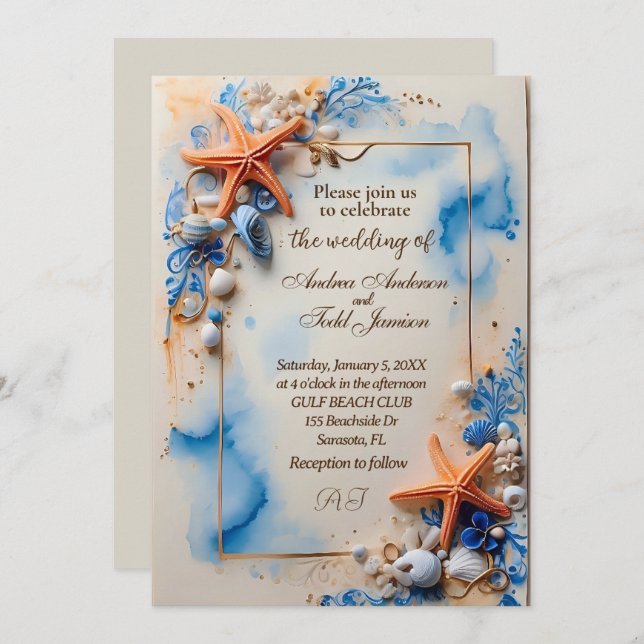 Cobalt blue beachside wedding  invitation (Front/Back)