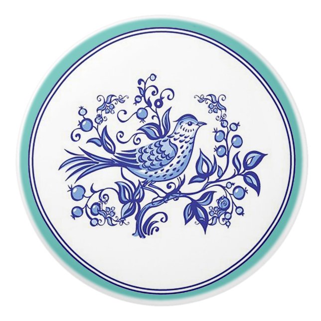 “Cobalt Blue Bird” with Border Ceramic Knob (Front)