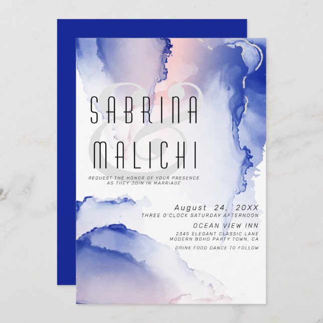 CObalt Blue Blush Rose Modern Fluid Ink Invitation (Front/Back)