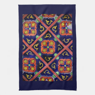 Cobalt Blue Burnt Orange Southwestern Tile Design Tea Towel