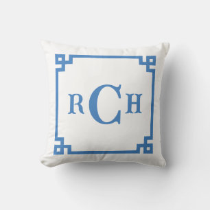 Cobalt Blue Chinoiserie Greek Key Monogram Cushion
