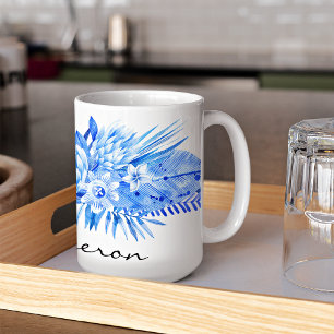 Cobalt Blue, Custom Tropical Flowers Leaves 15oz Coffee Mug