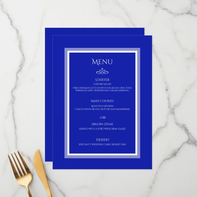 Cobalt blue customisable wedding flat menu (Front/Back In Situ)