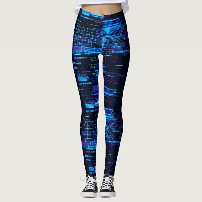Cobalt Blue Cyber Glitch Matrix Data Flow Leggings (Front)