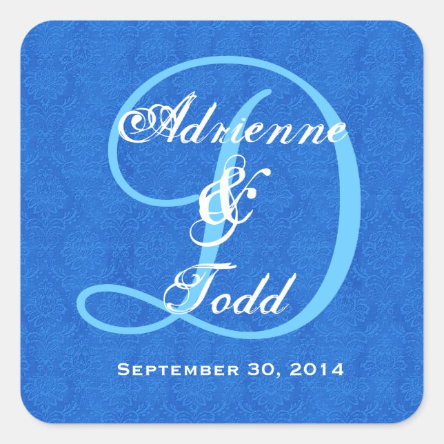 Cobalt Blue Damask Wedding Monogram D323 Square Sticker (Front)