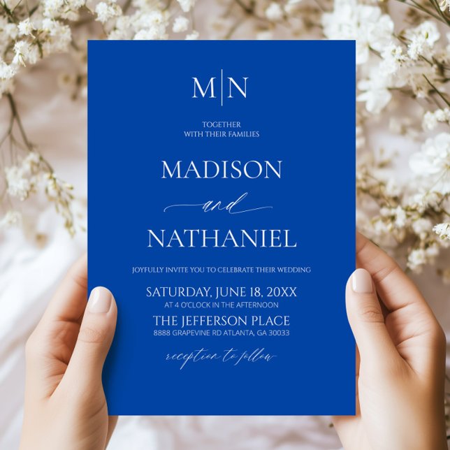 Cobalt Blue Elegant Minimalist Initial Wedding Invitation (Creator Uploaded)