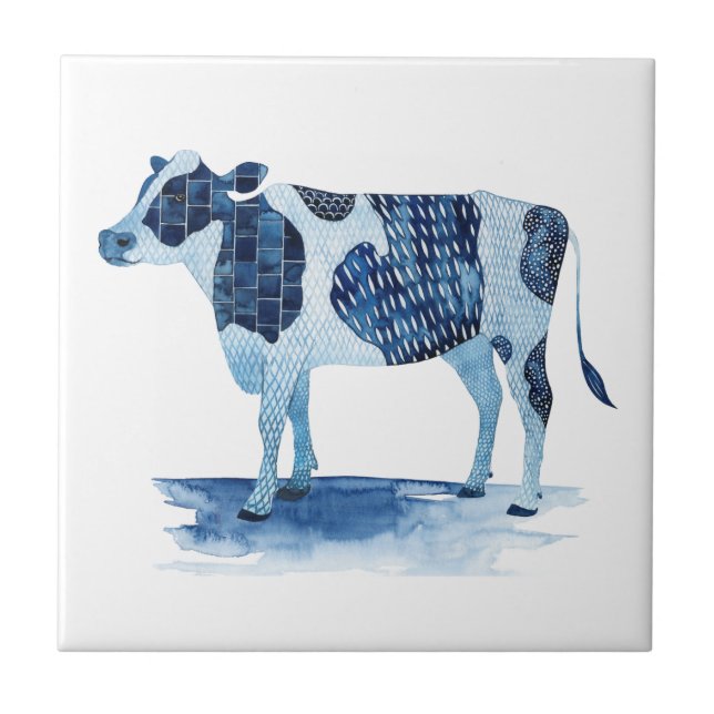 Cobalt Blue Farm Animals - Cow Ceramic Tile (Front)