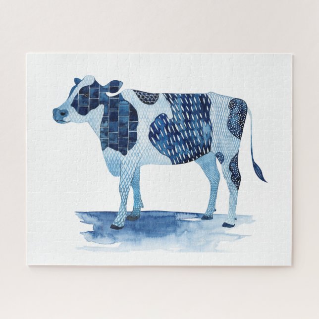 Cobalt Blue Farm Animals - Cow Jigsaw Puzzle (Horizontal)