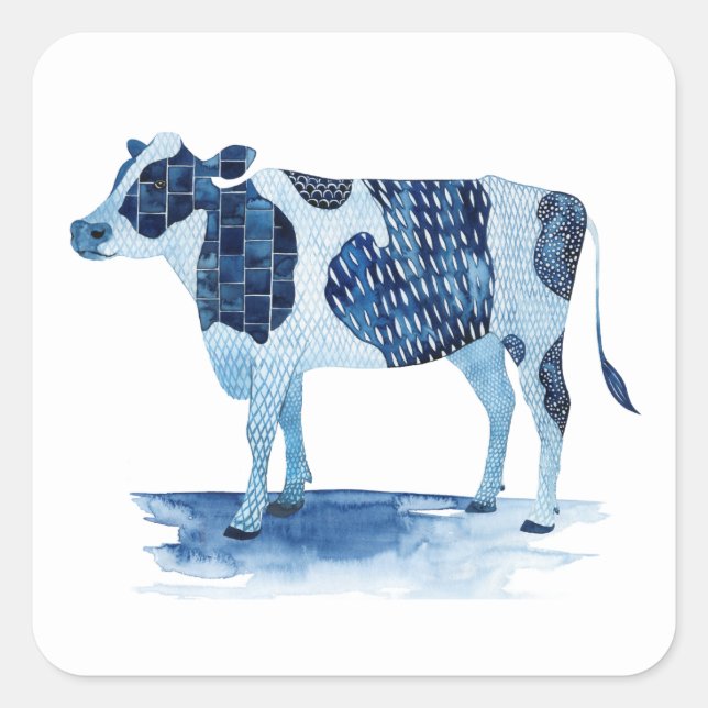 Cobalt Blue Farm Animals - Cow Square Sticker (Front)