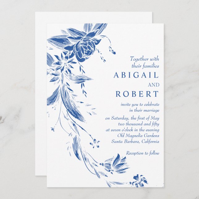 Cobalt blue floral garland QR code wedding Invitation (Front/Back)