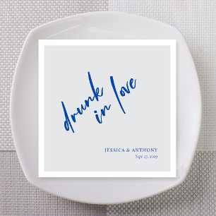 Cobalt Blue Handwritten Drunk in Love Custom Names Napkin