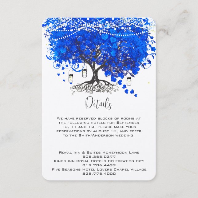 Cobalt Blue Heart Leaf Tree Wedding Enclosure Card (Front)