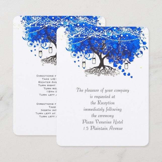 Cobalt Blue Heart Leaf Tree Wedding Invitation (Front/Back)