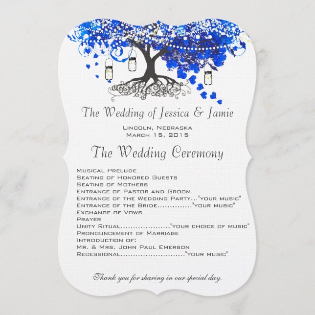 Cobalt Blue Heart Leaf Tree Wedding Programs (Front)