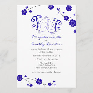 Cobalt Blue, Lovebirds Wedding Invitation
