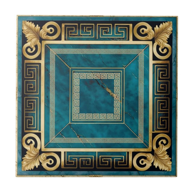 Cobalt Blue Marble Art Deco Greek Floral Seamless Ceramic Tile (Front)