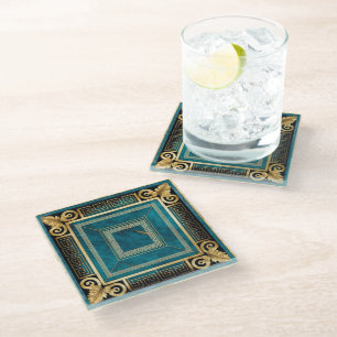 Cobalt Blue Marble Art Deco Greek Floral Seamless Glass Coaster