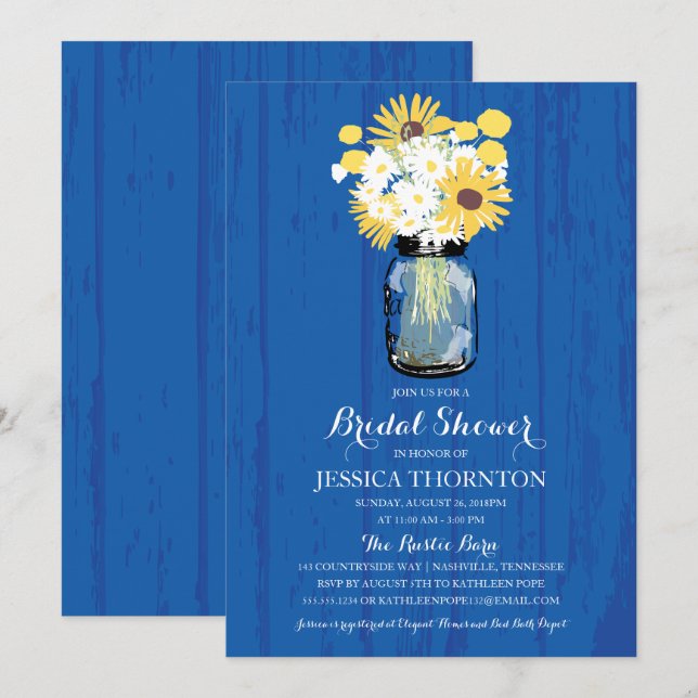 Cobalt Blue Mason Jar Sunflowers | Bridal Shower Invitation (Front/Back)