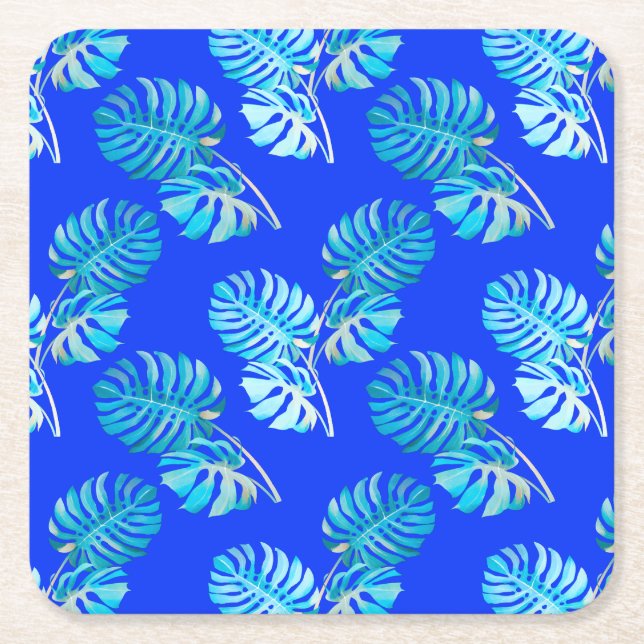 Cobalt Blue Monstera Breeze Square Paper Coaster (Front)
