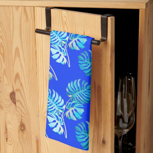 Cobalt Blue Monstera Breeze Tea Towel (Thirds Fold)