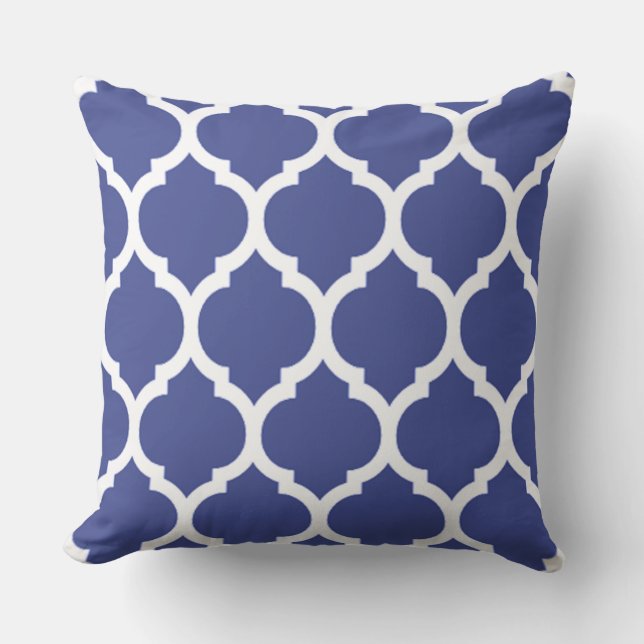 Cobalt Blue Moroccan Lattice Quatrefoil Pattern Cushion (Front)