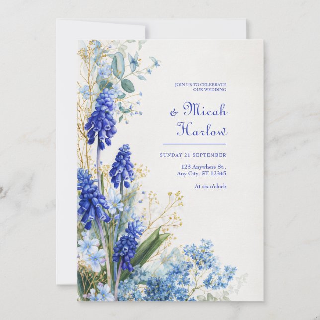 Cobalt Blue Muscari Watercolor Botanical Border Invitation (Front)