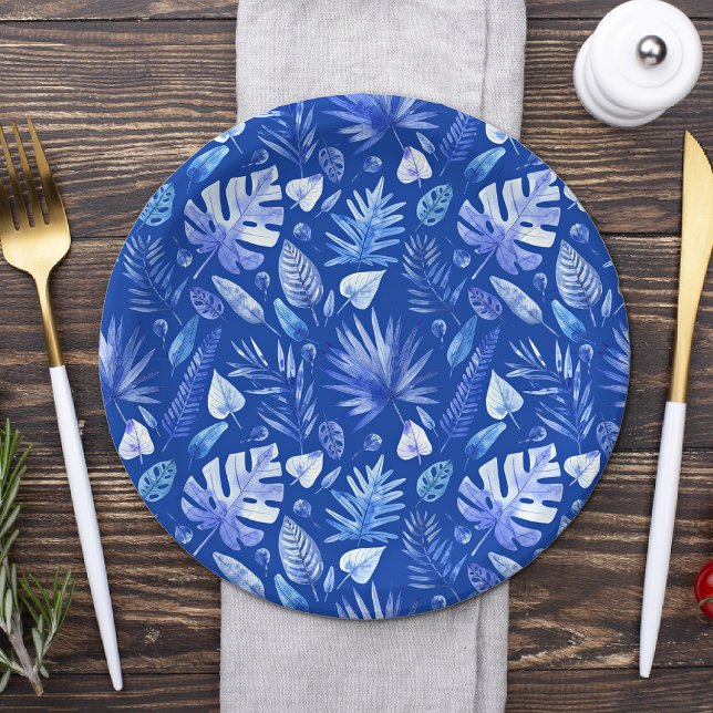 Cobalt Blue on Blue Tropical Leaves Pattern 7" Paper Plate (Creator Uploaded)