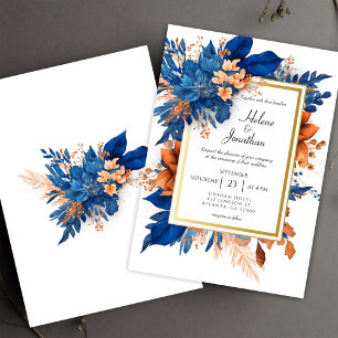 Cobalt Blue Orange Terracotta Boho Elegant Wedding Invitation