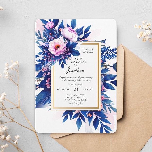 Cobalt Blue Pink Floral Modern Elegant Wedding Invitation (Cobalt Blue Pink Floral Modern Elegant Wedding Invitation)