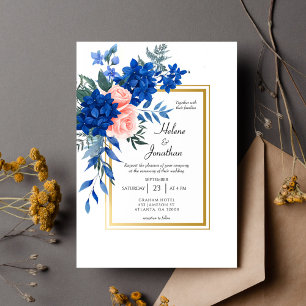 Cobalt Blue Pink Gold Floral Elegant Wedding Invitation