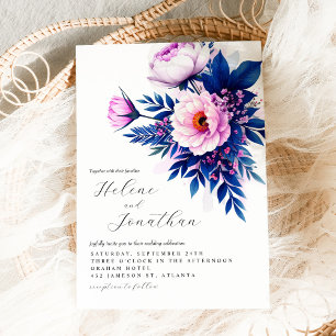 Cobalt Blue Pink Stylish Elegant Floral Wedding Invitation