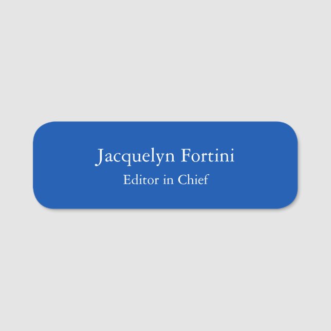 Cobalt Blue Plain Elegant Modern Minimalist Name Tag (Front)