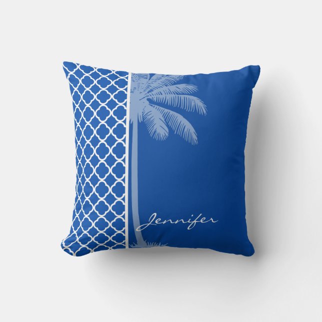 Cobalt Blue Quatrefoil; Palm Cushion (Front)