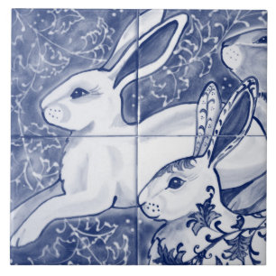 Cobalt Blue Rabbit Chinoiserie Dedham Delft Navy Ceramic Tile