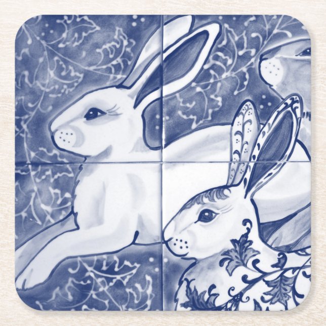 Cobalt Blue Rabbit Chinoiserie Dedham Delft Navy Square Paper Coaster (Front)