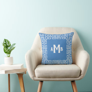 Cobalt Blue Reverse Greek Key Border Monogram Cushion