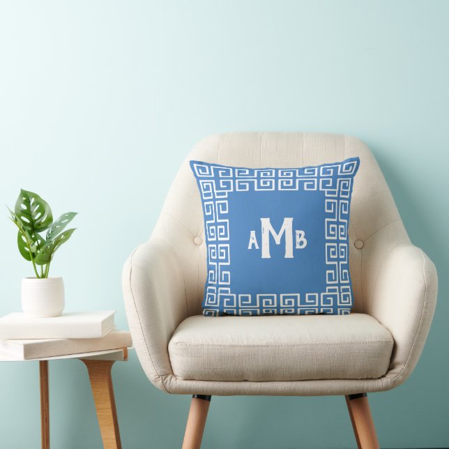 Cobalt Blue Reverse Greek Key Border Monogram Cushion (Chair)