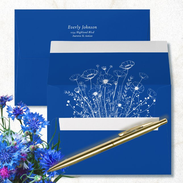 Cobalt Blue Romantic White Wildflower Wedding Envelope (Creator Uploaded)