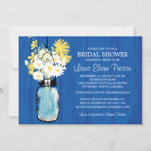 Cobalt Blue Rustic Mason Jar and Yellow Daisies Invitation