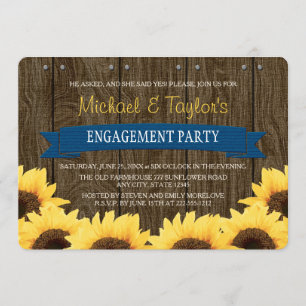 COBALT BLUE RUSTIC SUNFLOWER ENGAGEMENT PARTY INVITATION